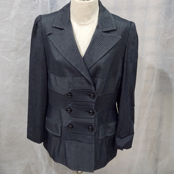 ETCETERA Gray Jacket Womens Blazer Long Green Pinstripes Designer Coat Size 8 - Picture 2 of 16